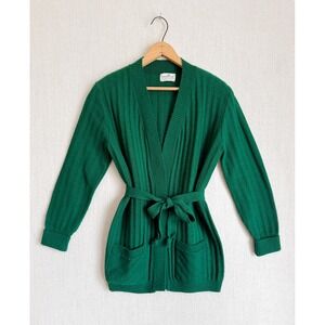 Vintage Sweetree Green Ribbed Cardigan Sweater Belted Pockets Orlon Acrylic L